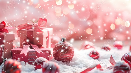 Christmas Gift Boxes and Baubles with 2025 on Snowy Pastel Pink Background, Cheerful Holiday Mood