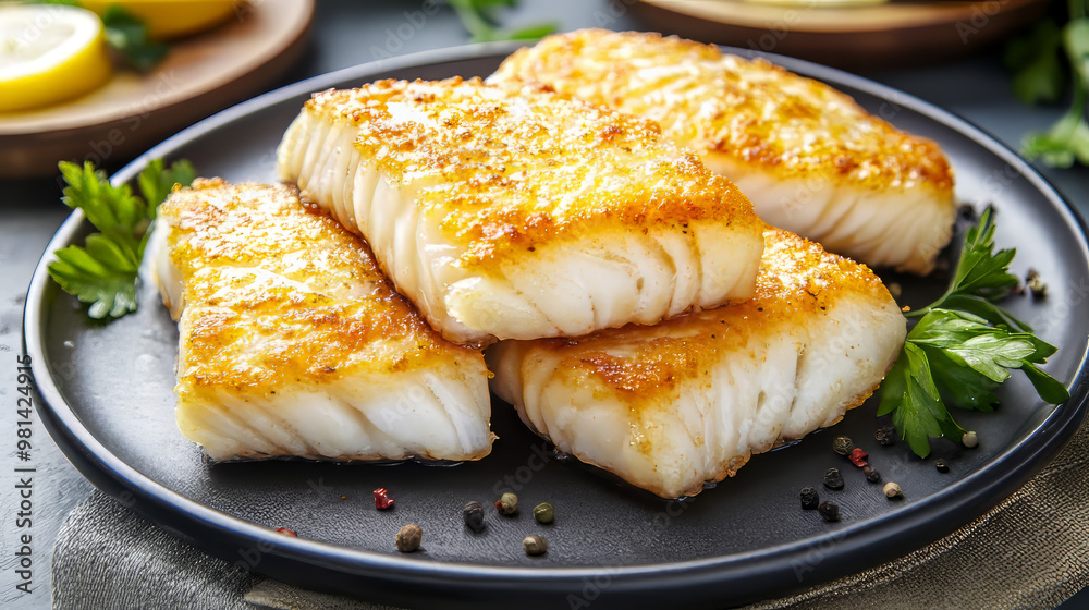 Golden, crispy cod fillets ready to be enjoyed. Golden, crispy cod fillets ready to be enjoyed.