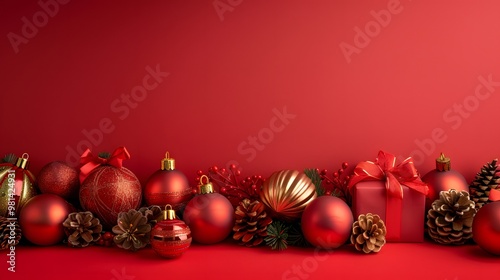 Christmas Ornaments and Gift Boxes with Happy New Year on Bright Red Background, Festive Holiday Mood