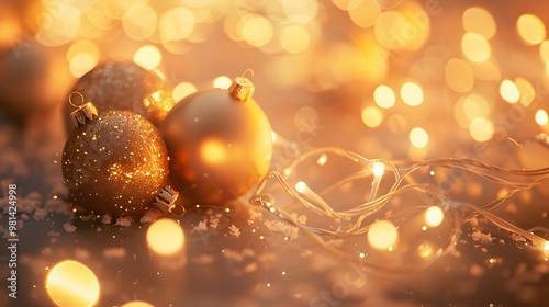 Christmas Baubles and Fairy Lights with Happy New Year on Light Orange Background, Happy Holiday Celebration