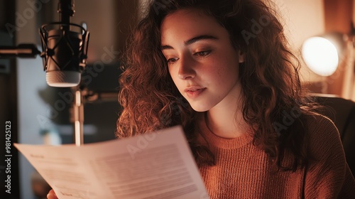 Young woman reading a script in a cozy setting, focused on delivering clear audio content with passion and determination.
