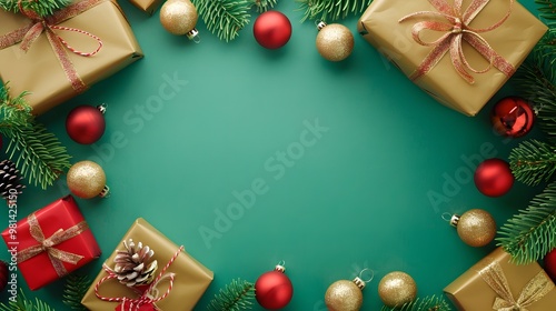 Christmas Gifts and Baubles with Happy New Year on Vibrant Green Background, Celebratory Holiday Mood