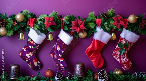 Christmas Stockings and Bells with Happy New Year on Bright Purple Background, Joyful Holiday Celebration