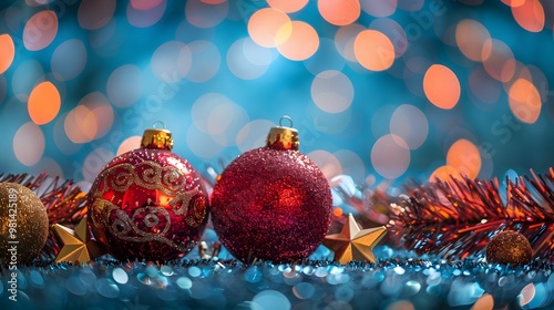 Christmas Baubles and Stars with Happy New Year on Vibrant Blue Background, Happy Holiday Celebration