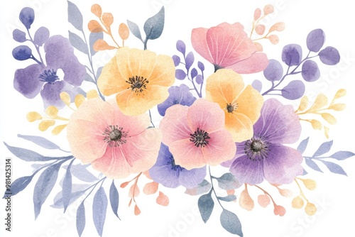 This stunning watercolor floral arrangement features vibrant pink, purple, and yellow flowers, perfect for weddings, greeting cards, and other special occasions needing a touch of elegance