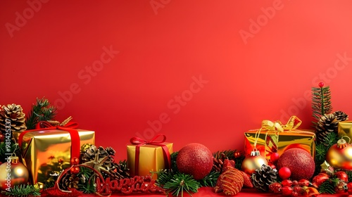 Christmas Bells and Gift Boxes with Happy New Year on Vibrant Red Background, Cheerful Holiday Celebration