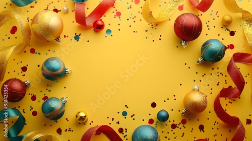 Christmas Baubles and Ribbons with Happy New Year on Bright Yellow Background, Festive Holiday Spirit