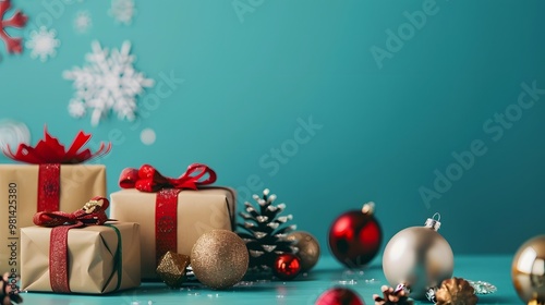 Christmas Gift Boxes and Ornaments with Merry Christmas on Bright Turquoise Background, Festive Holiday Spirit