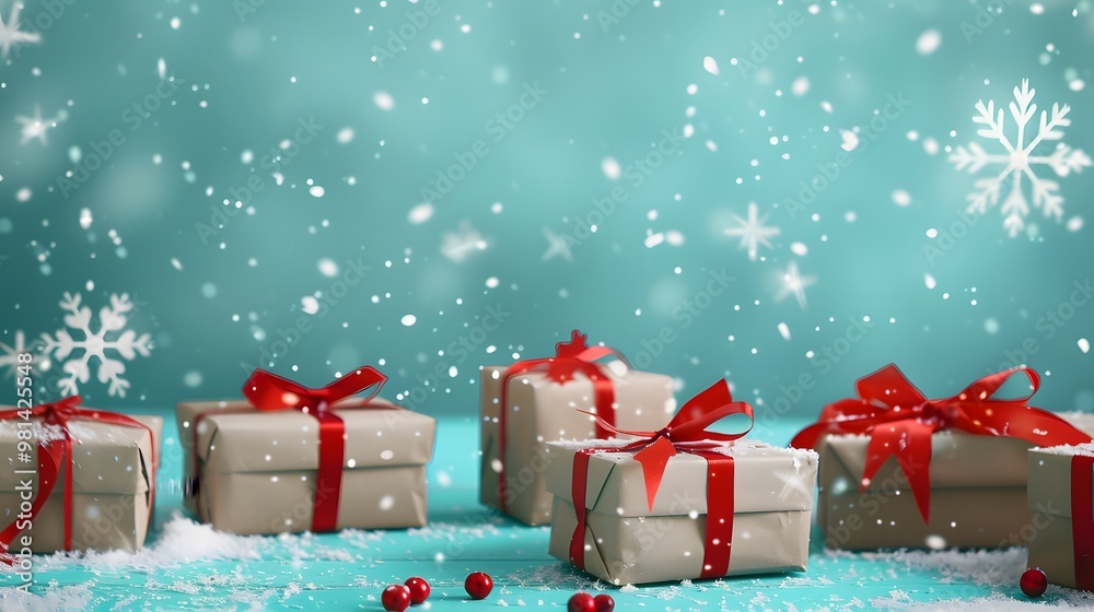 Christmas Snowflakes and Gift Boxes with Merry Christmas on Cool Aqua Background, Happy Holiday Mood Christmas Snowflakes and Gift Boxes with Merry Christmas on Cool Aqua Background, Happy Holiday Mood