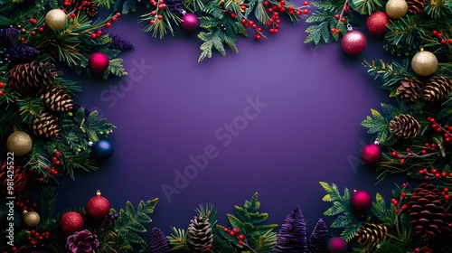 Christmas Trees and Ornaments with Merry Christmas on Deep Purple Background, Cheerful Holiday Spirit