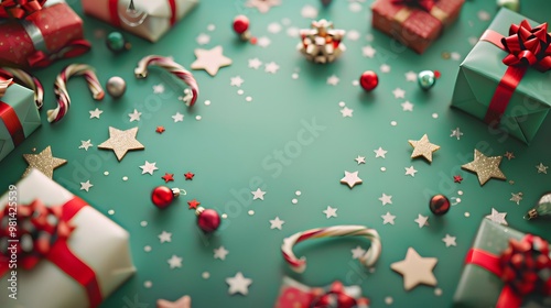 Christmas Presents and Stars with Merry Christmas on Vibrant Green Background, Joyful Holiday Celebration