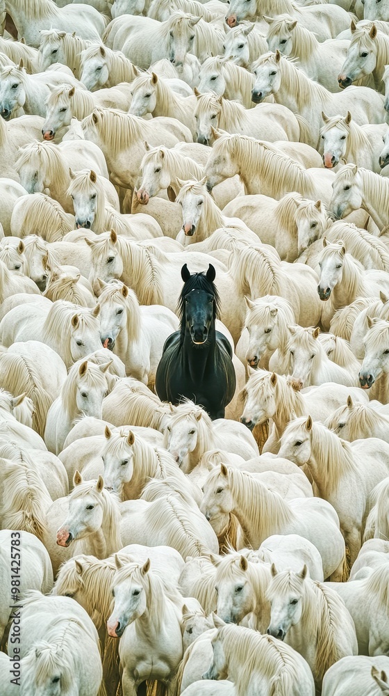 Black horse standing out from the crowd of white horses Black horse standing out from the crowd of white horses