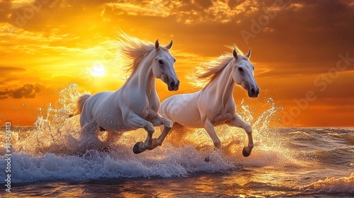 Two white horses running through water at sunset photo