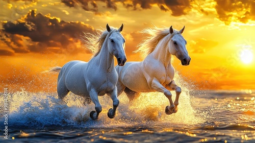 Two white horses running through water at sunset photo