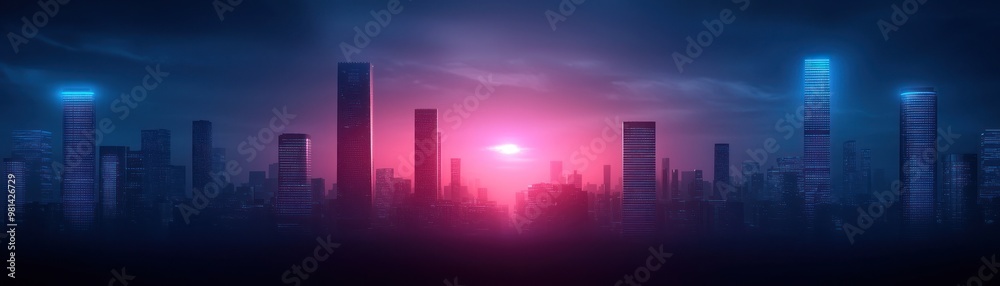 Fototapeta premium Stunning futuristic city skyline at dusk with vibrant neon lights and dramatic atmosphere, perfect for modern design projects.