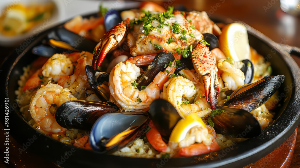 This dish features a mix of seafood, including blue crabs, mussels, large shrimp, calamari squid, and grilled barracuda fish. It's seasoned with garlic and lemon. This dish features a mix of seafood, including blue crabs, mussels, large shrimp, calamari squid, and grilled barracuda fish. It's seasoned with garlic and lemon.