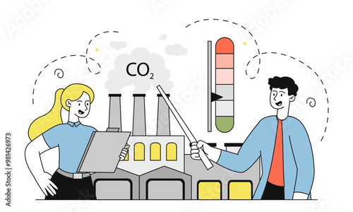 Air pollution index. Man with pointer and woman near plant assess level of air pollution. Caring for ecology and environment, reducing CO2 emissions. Linear vector illustration