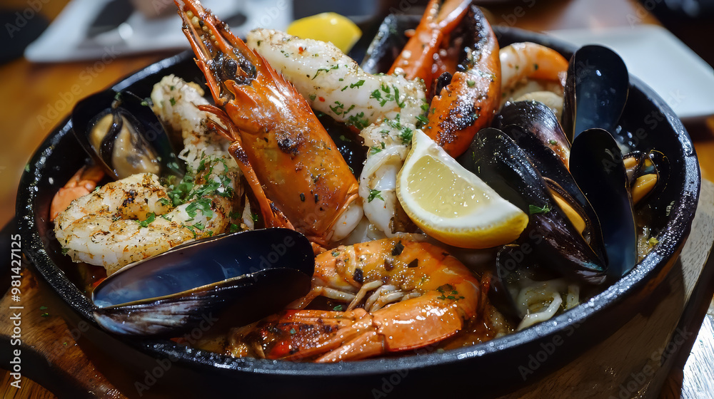 This dish features a mix of seafood, including blue crabs, mussels, large shrimp, calamari squid, and grilled barracuda fish. It's seasoned with garlic and lemon. This dish features a mix of seafood, including blue crabs, mussels, large shrimp, calamari squid, and grilled barracuda fish. It's seasoned with garlic and lemon.