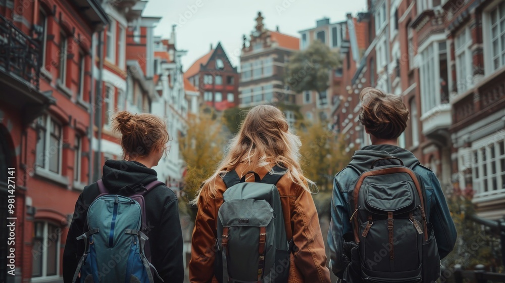 Fototapeta premium Friends embark on an exciting adventure as they explore a vibrant new city together