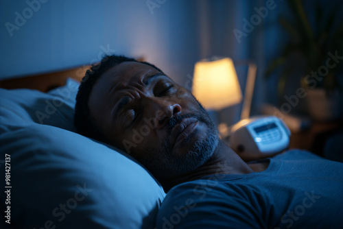 Man struggling with sleep in a dimly lit bedroom, sleeping disorder