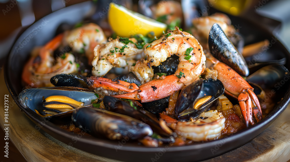 This dish features a mix of seafood, including blue crabs, mussels, large shrimp, calamari squid, and grilled barracuda fish. It's seasoned with garlic and lemon. This dish features a mix of seafood, including blue crabs, mussels, large shrimp, calamari squid, and grilled barracuda fish. It's seasoned with garlic and lemon.