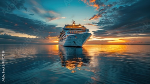 A large cruise ship sails on a calm ocean at sunset, with the sky ablaze with vibrant colors.