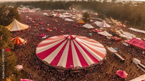 A vibrant outdoor festival scene with a large striped tent surrounded by a bustling crowd, set against a backdrop of trees and sunset lights. photo