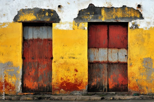 Two distinct wooden doors stand out against a faded yellow wall, highlighting the rustic charm of the old town
