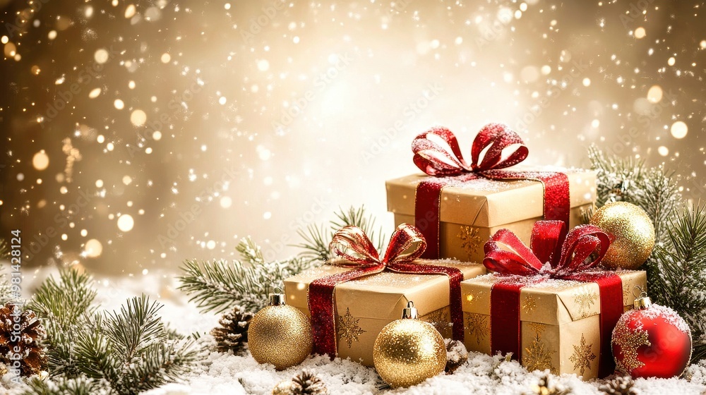 Christmas gift boxes with ornaments and pine tree branch on blue background Christmas gift boxes with ornaments and pine tree branch on blue background