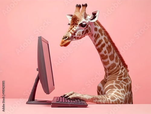 A Giraffe Working Diligently at a Computer on a Vibrant Pink Background