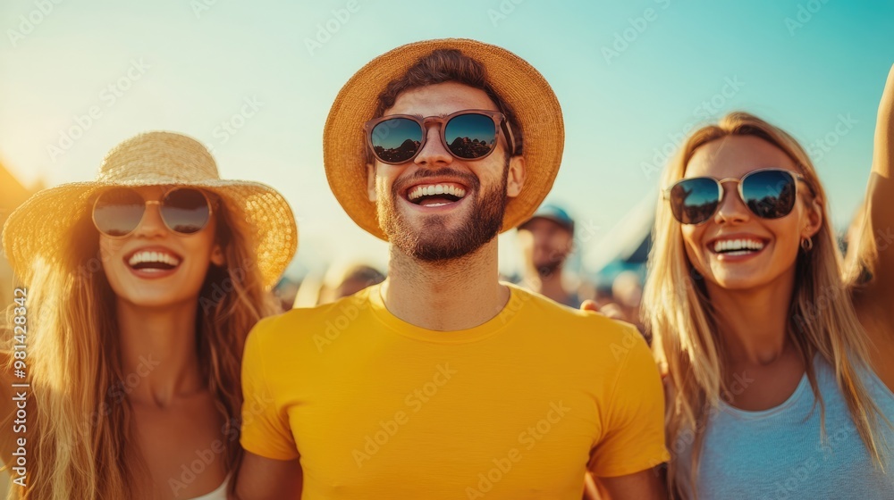 A joyful trio enjoys a sunny day at a lively outdoor event, sporting sunglasses and stylish hats, embracing summer vibes and friendship. A joyful trio enjoys a sunny day at a lively outdoor event, sporting sunglasses and stylish hats, embracing summer vibes and friendship.