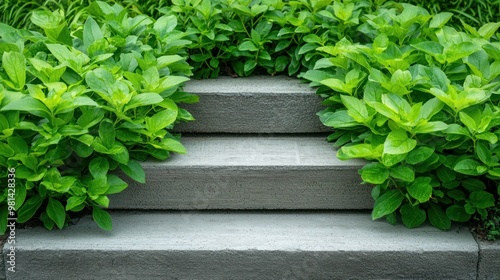 A serene garden path featuring stone steps surrounded by lush green plants, ideal for nature-themed decor and landscaping ideas.