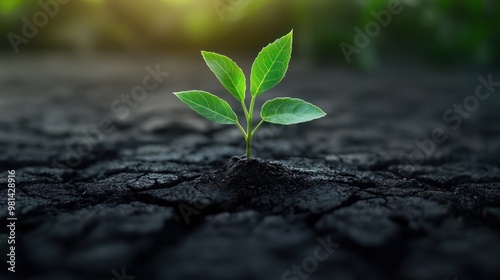 A vibrant green plant emerging from cracked soil, symbolizing growth, resilience, and the hope of new beginnings in nature.