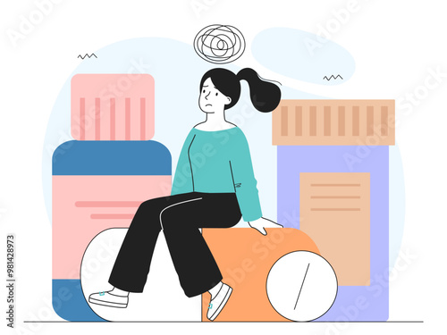 Woman with antidepressants. Young girl with pills. Depression and frustration. Negative feelings and emotions. Medicines, drugs and painkillers. Linear vector illustration