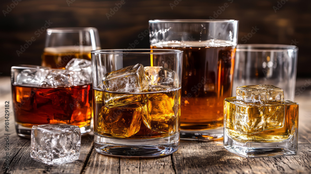 Whiskey and brandy in glasses, some with ice. The photos have a rustic background and focus on the drinks. Whiskey and brandy in glasses, some with ice. The photos have a rustic background and focus on the drinks.