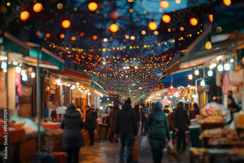 Open-air market with colorful vendors and a lively crowd