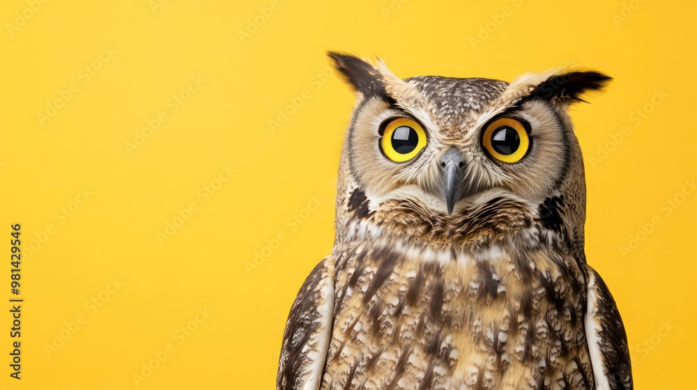 Close-up portrait of an owl with yellow eyes looking directly at the camera on a yellow background. Close-up portrait of an owl with yellow eyes looking directly at the camera on a yellow background.