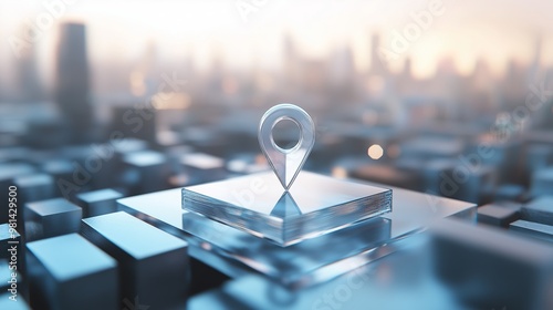 perspective view of location pin on square plate surrounded by acrylic cubes and cityscape