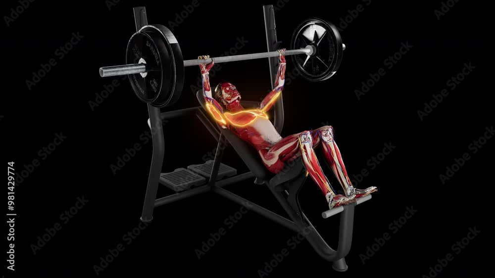 3d rendered Pro Res video of female anatomy model with highlighted muscle activation performing a barbell incline bench press exercise 3d rendered Pro Res video of female anatomy model with highlighted muscle activation performing a barbell incline bench press exercise