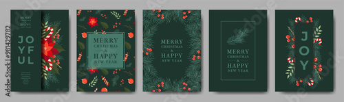 Modern Сorporate Holiday Сards with Spruce Branch, Poinsettia, Berries. Fun and Bright Universal Art Templates. Traditional Christmas and New Year Posters with Trendy Fonts for Social media, Website.