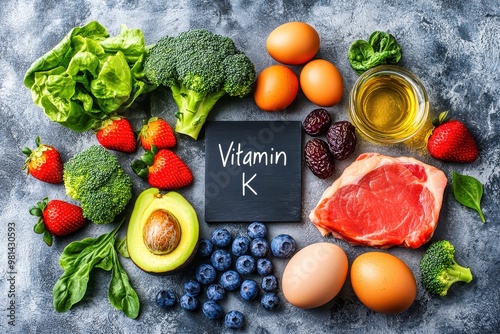 Foods containing vitamin k lying on slate background