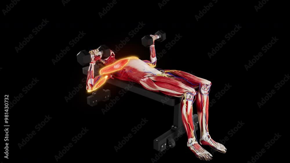 3d rendered Pro Res video of female anatomy model with highlighted muscle activation performing a dumbbell bench press exercise