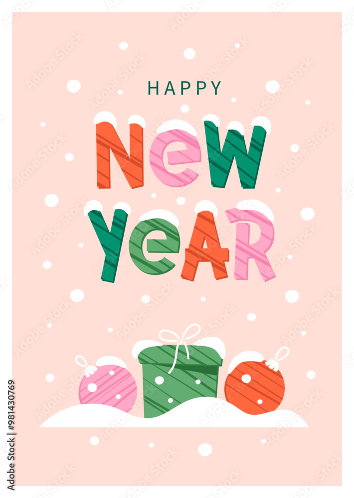 Greeting card for winter holidays. Design text Happy New Year. Hand drawn vector illustration for banner, poster or cover. Greeting card for winter holidays. Design text Happy New Year. Hand drawn vector illustration for banner, poster or cover.