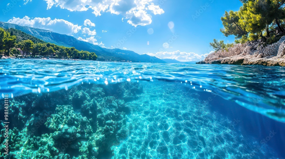 A split view of the ocean with the surface and underwater. The surface shows a mountain range with a cloud-filled sky and a tree on the right.