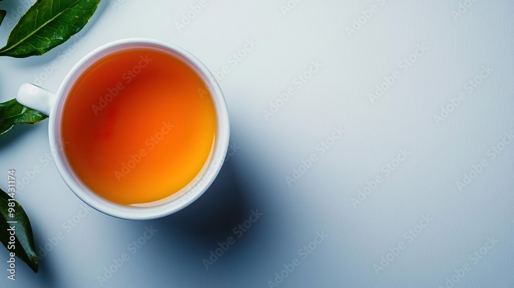 top view tea in a white cup on white background