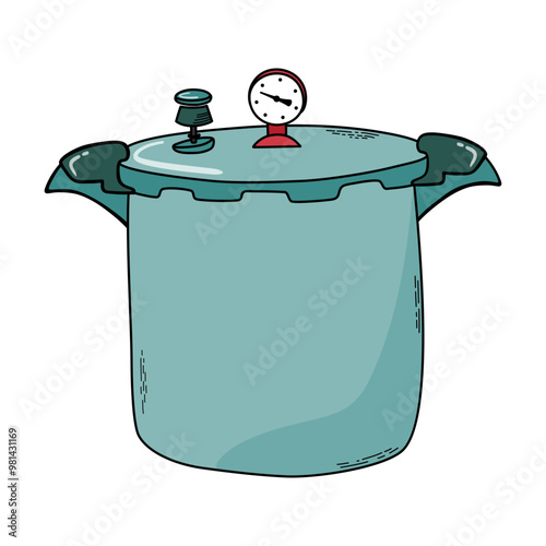 Pressure canner. Kitchen utensil. Accessories for preservation. Hand drawn doodle style vector illustration.
