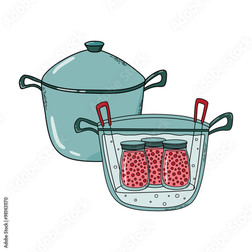 Jars of canned food are sterilized in water bath canning pot. Canning process, food preservation concept. Hand drawn doodle style vector illustration.
