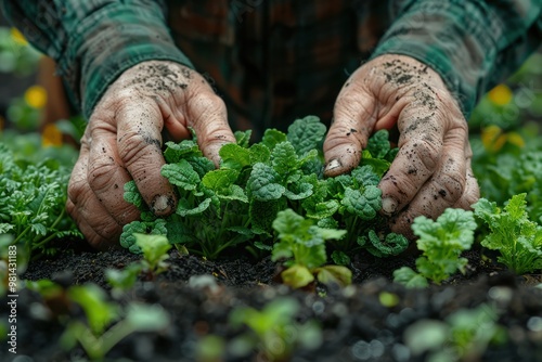 Gardener cultivating fresh herbs in a thriving garden on a bright sunny day, hands covered in rich soil and organic greens photo