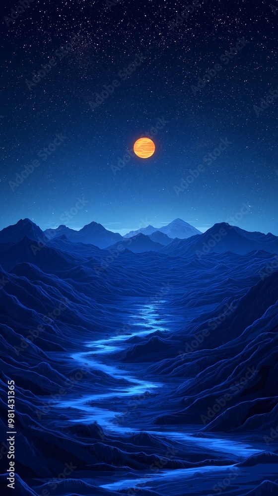 Obraz premium Mystical Night Landscape with Dark Blue Night in Forest and Distant Mountain River for Mobile Phone Wallpaper