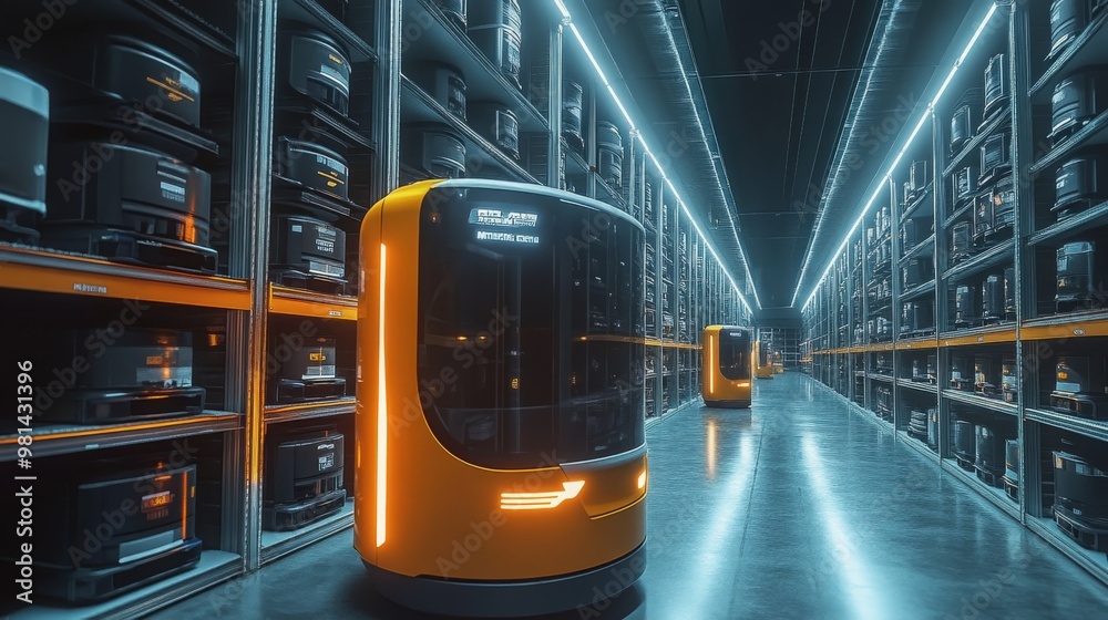 Fototapeta premium Futuristic storage facility with automated mobile robots managing inventory tasks efficiently